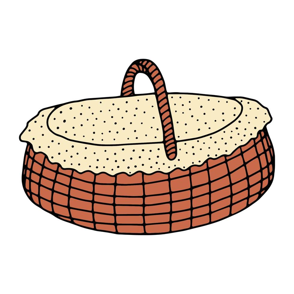 panier en osier dessiné à la main isolé sur fond blanc. panier haut ovale pour un pique-nique, pour ramasser des champignons et des baies, pour pâques, pour des vacances dans la nature, pour les animaux.vector vecteur