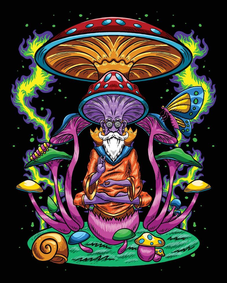 illustration de méditation sage champignon psychédélique vecteur