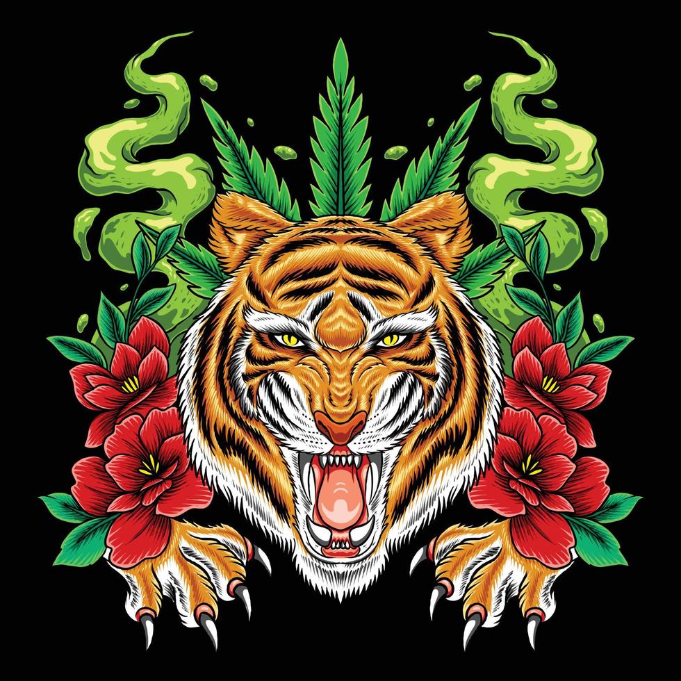 tigre en colère avec illustration de fleur de cannabis vecteur