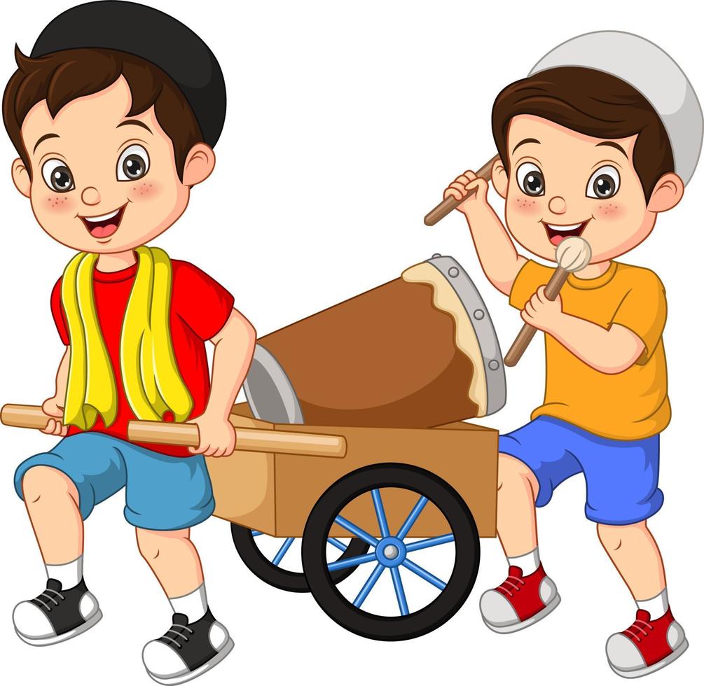 heureux dessin animé enfant musulman frappant bedug sur chariot vecteur