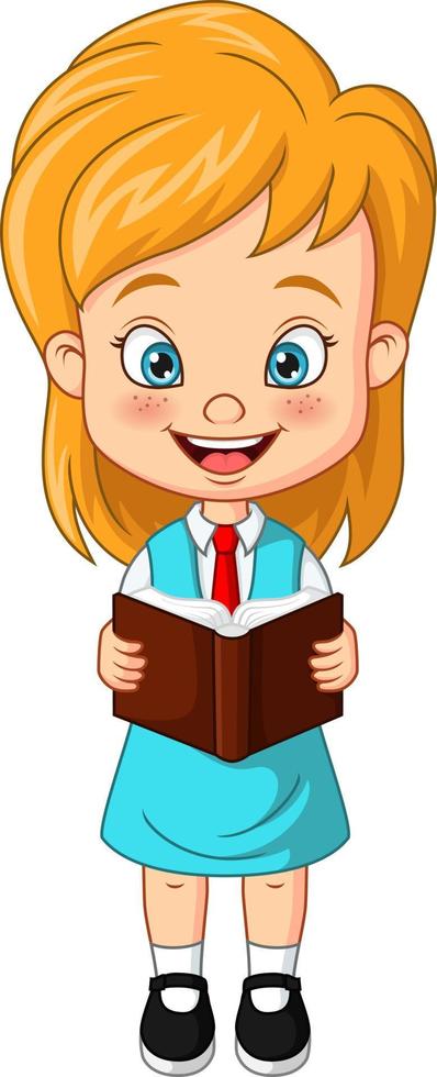dessin animé drôle fille étudiante se tient debout et lisant un livre vecteur