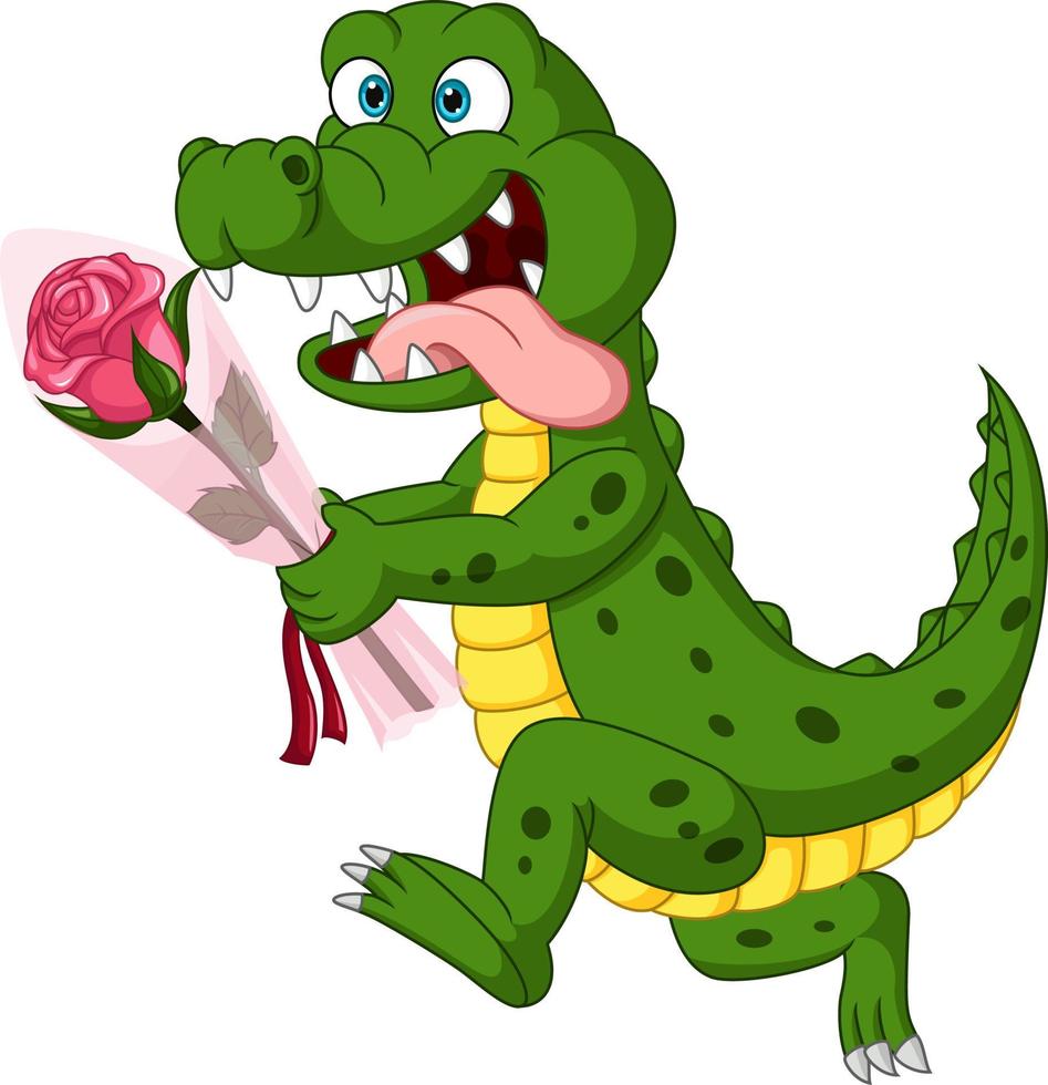 alligator de dessin animé tenant des fleurs roses vecteur