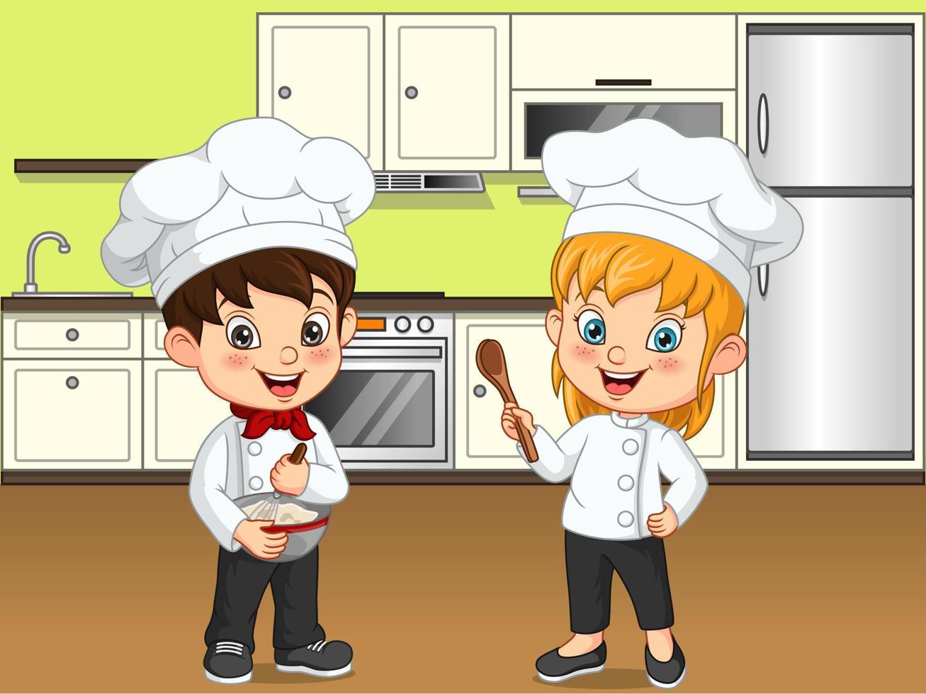 dessin animé petits enfants cuisinant dans la cuisine vecteur