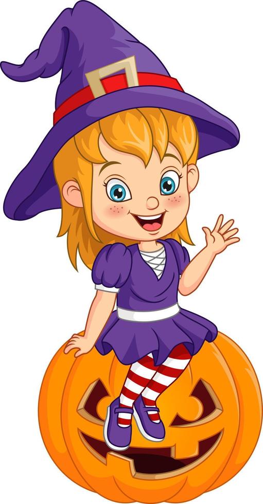 dessin animé petite sorcière assise sur une citrouille d'halloween vecteur