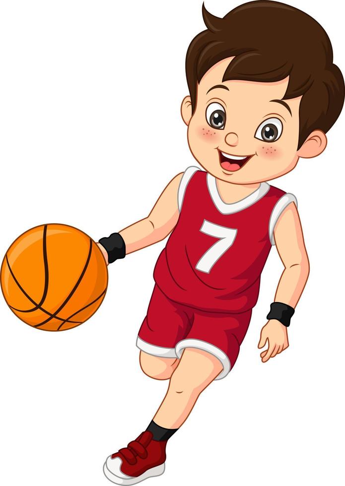 dessin animé mignon petit garçon jouant au basket vecteur