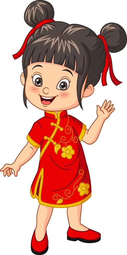 dessin animé heureux fille chinoise agitant la main vecteur