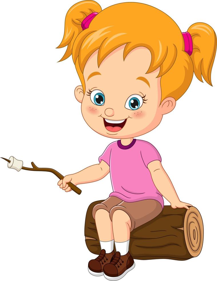 dessin animé petite fille rôtissant la guimauve vecteur