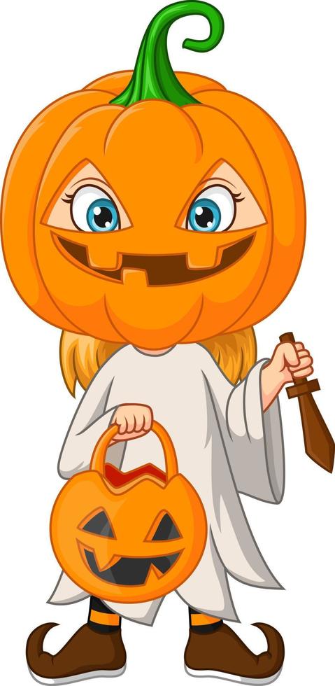 dessin animé petite fille vêtue d'un costume de citrouille d'halloween vecteur
