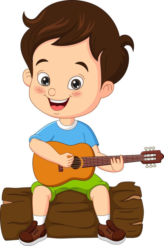 scout de dessin animé jouant de la guitare sur une souche vecteur