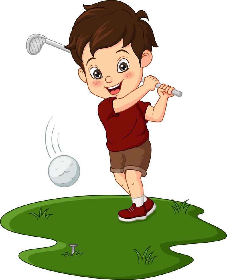 dessin animé mignon petit garçon jouant au golf vecteur