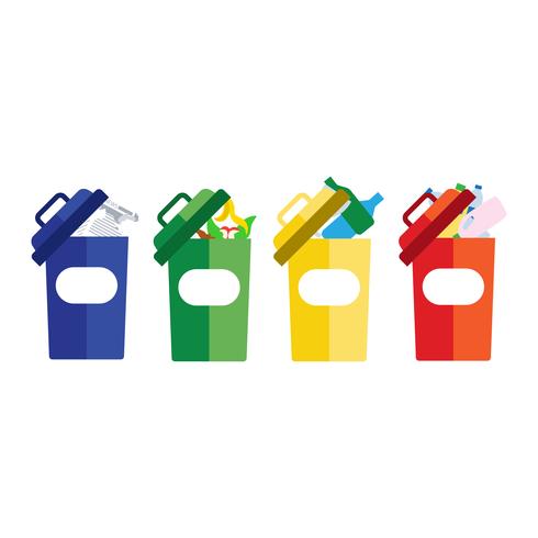 poubelles de couleur bleu-rouge avec du métal, du papier, du plastique, du verre et des déchets organiques propres à être réutilisés, à recycler. ordures de tri des déchets vecteur