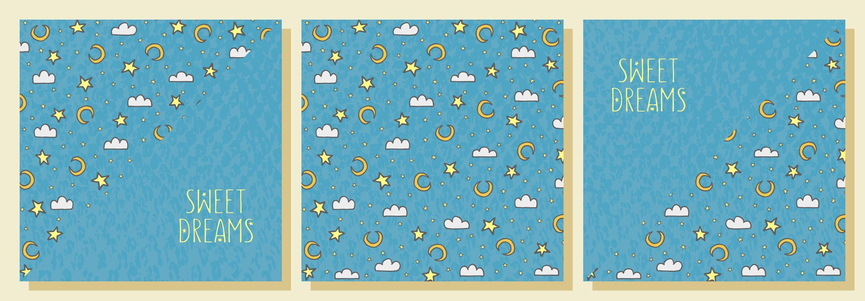 abstrait avec ciel nocturne. beaux rêves. bonne nuit. étoiles, lune, nuages sur fond bleu. carte postale, carte, bannière. ensemble. vecteur