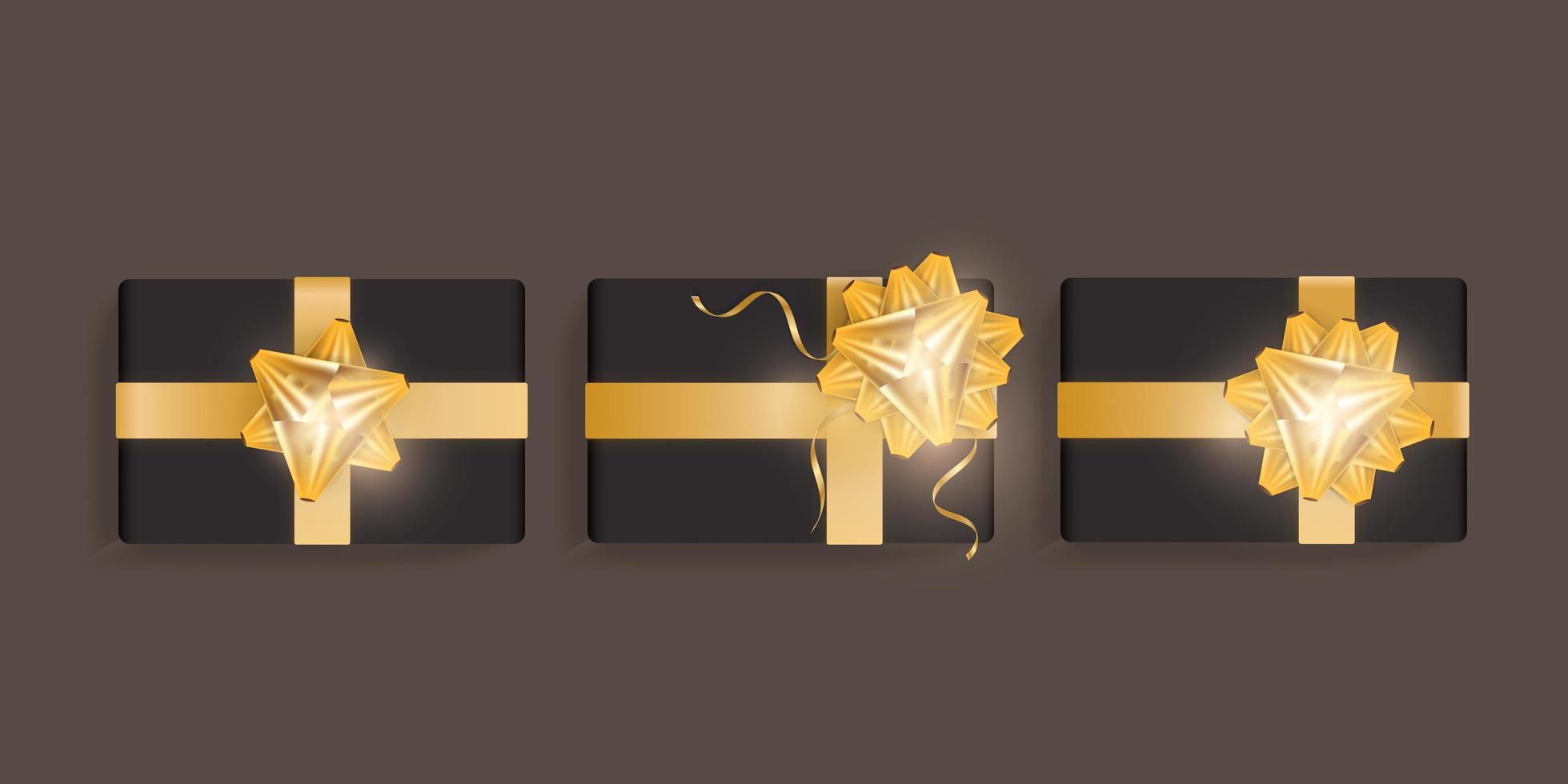 ensemble de coffrets cadeaux noirs avec noeud de ruban doré. beau modèle de boîte-cadeau réaliste pour la conception d'anniversaire, noël, nouvel an. illustration vectorielle vue de dessus vecteur