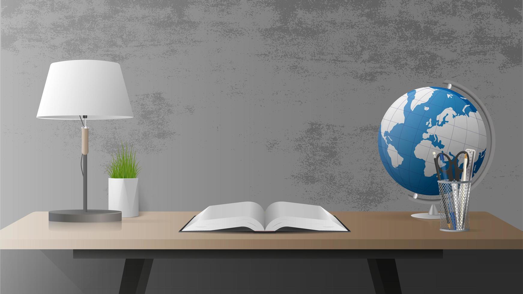 une table avec un livre ouvert. lampe de table, globe, papeterie, livre, table en bois, mur gris béton. vecteur