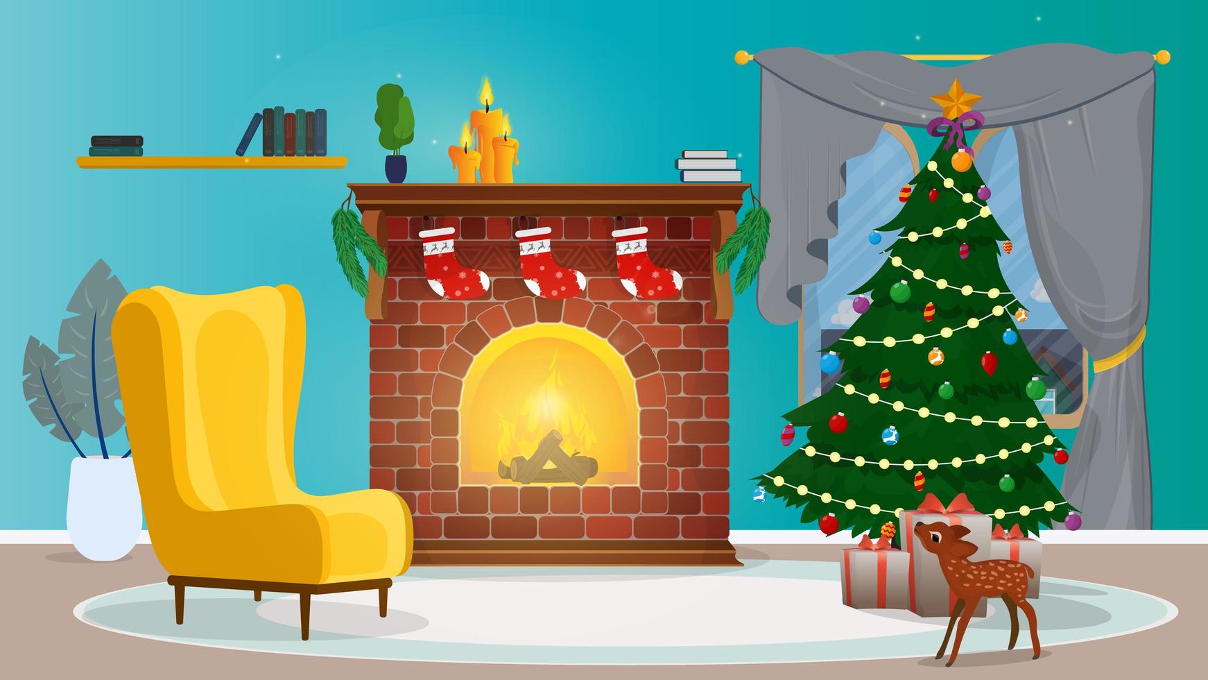 nouvel An. une pièce avec une cheminée, un sapin de Noël et des cadeaux. vecteur. vecteur