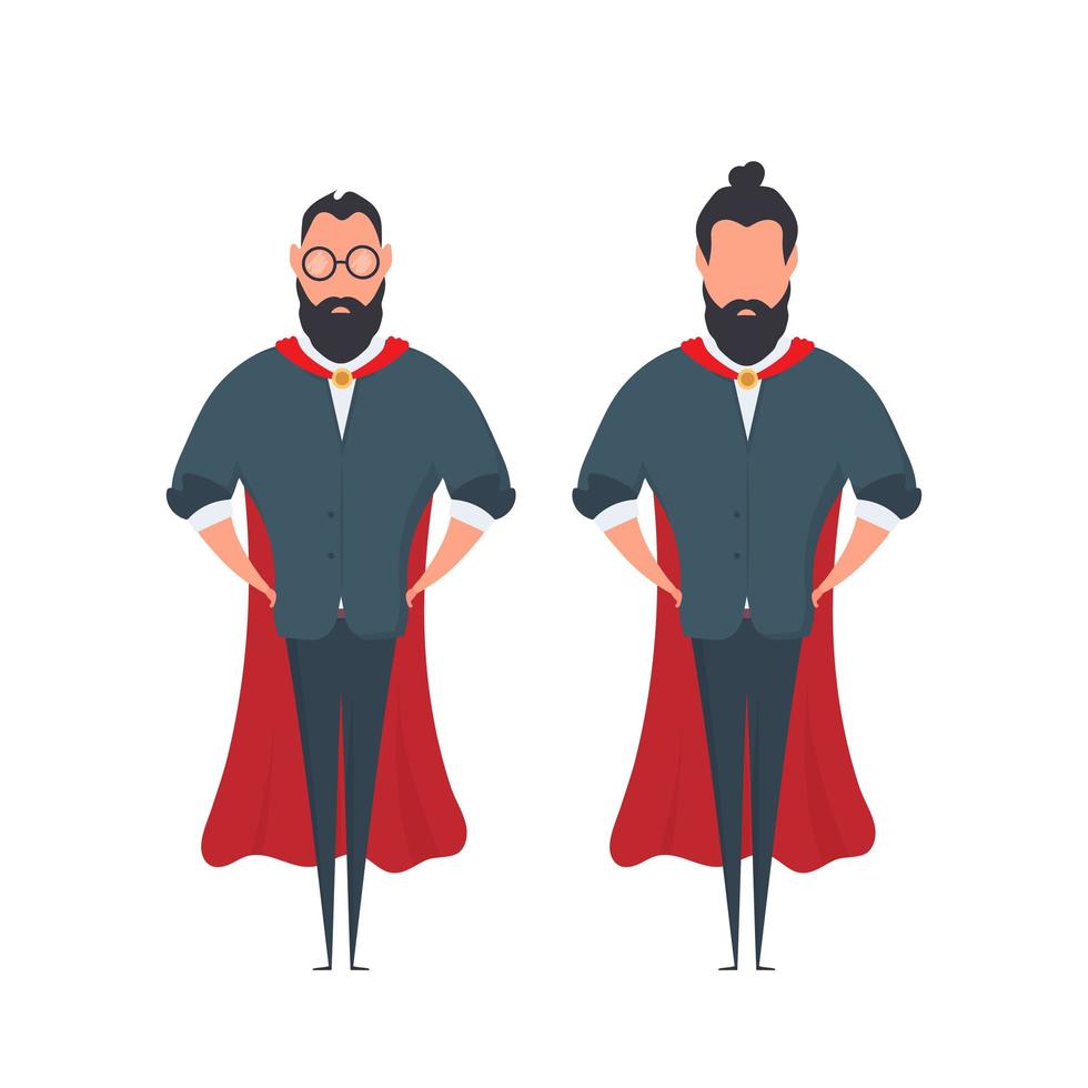 homme d'affaires barbu avec une cape rouge dans un style cartoon. un super-héros homme tient ses mains sur sa ceinture. isolé. vecteur. vecteur