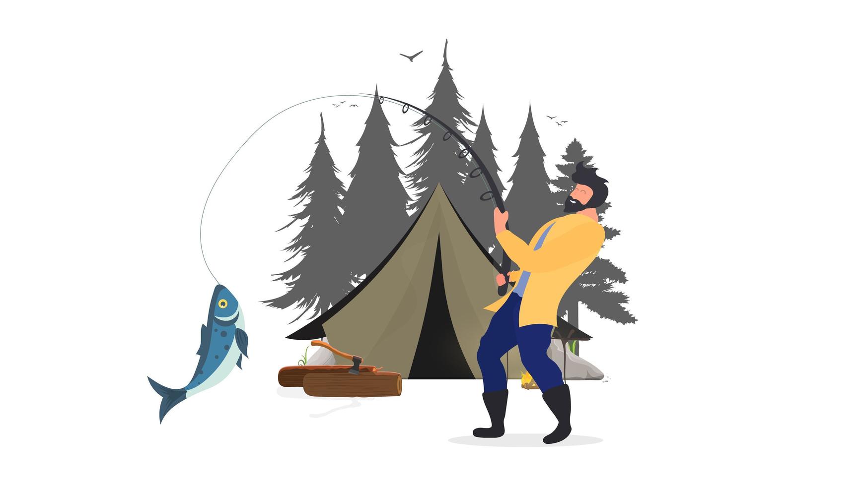 le pêcheur a attrapé le poisson. concept de vacances avec tente et pêche. tente, forêts de silos, feu de joie, bûches, un homme avec un misérable. isolé. vecteur