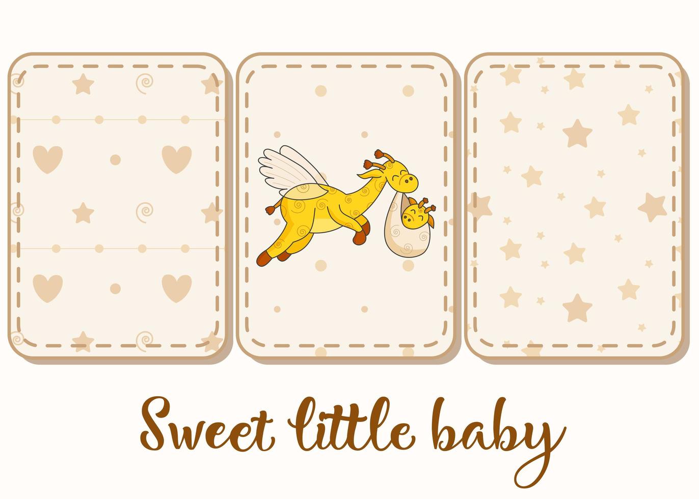 lot de 3 motifs et lettrage. une carte postale pour un nouveau-né. girafe volante drôle. Bonjour bébé. félicitations pour la naissance d'un enfant. certificat de naissance. Bonjour le monde. vecteur