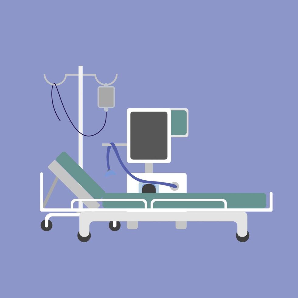 lit d'hôpital isolé sur fond bleu. compte-gouttes, ventilateur. illustration vectorielle. vecteur