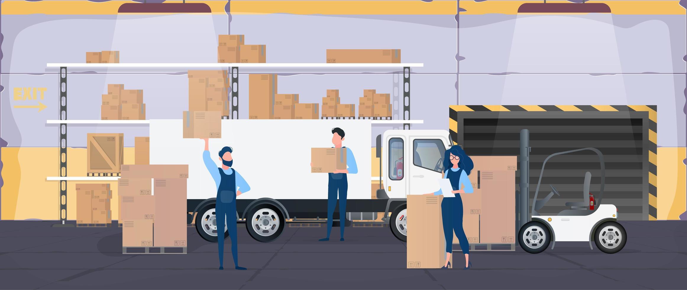 grand entrepôt avec tiroirs. les déménageurs transportent des cartons. la fille avec la liste vérifie la disponibilité. gros camion. cartons. le concept de transport, de livraison et de logistique des marchandises. vecteur. vecteur