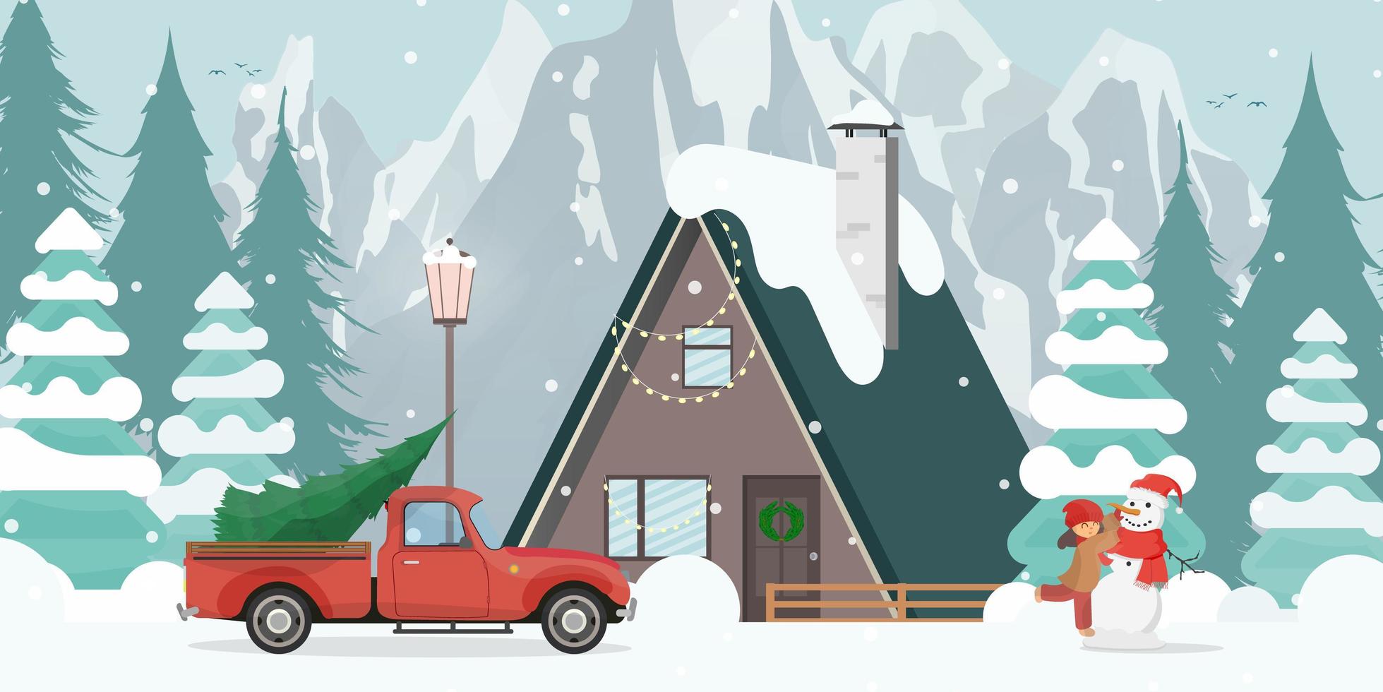 maison dans une forêt enneigée. voiture rouge avec un arbre de noël. la fille fait un bonhomme de neige. arbres de noël, montagnes, neige. style cartoon plat. illustration vectorielle. vecteur