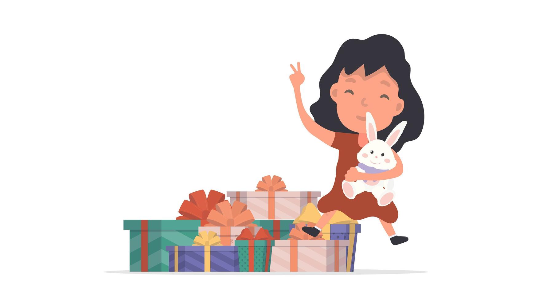 une fille heureuse avec un ours en peluche et plein de cadeaux. enfant heureux avec des cadeaux. isolé. vecteur. vecteur