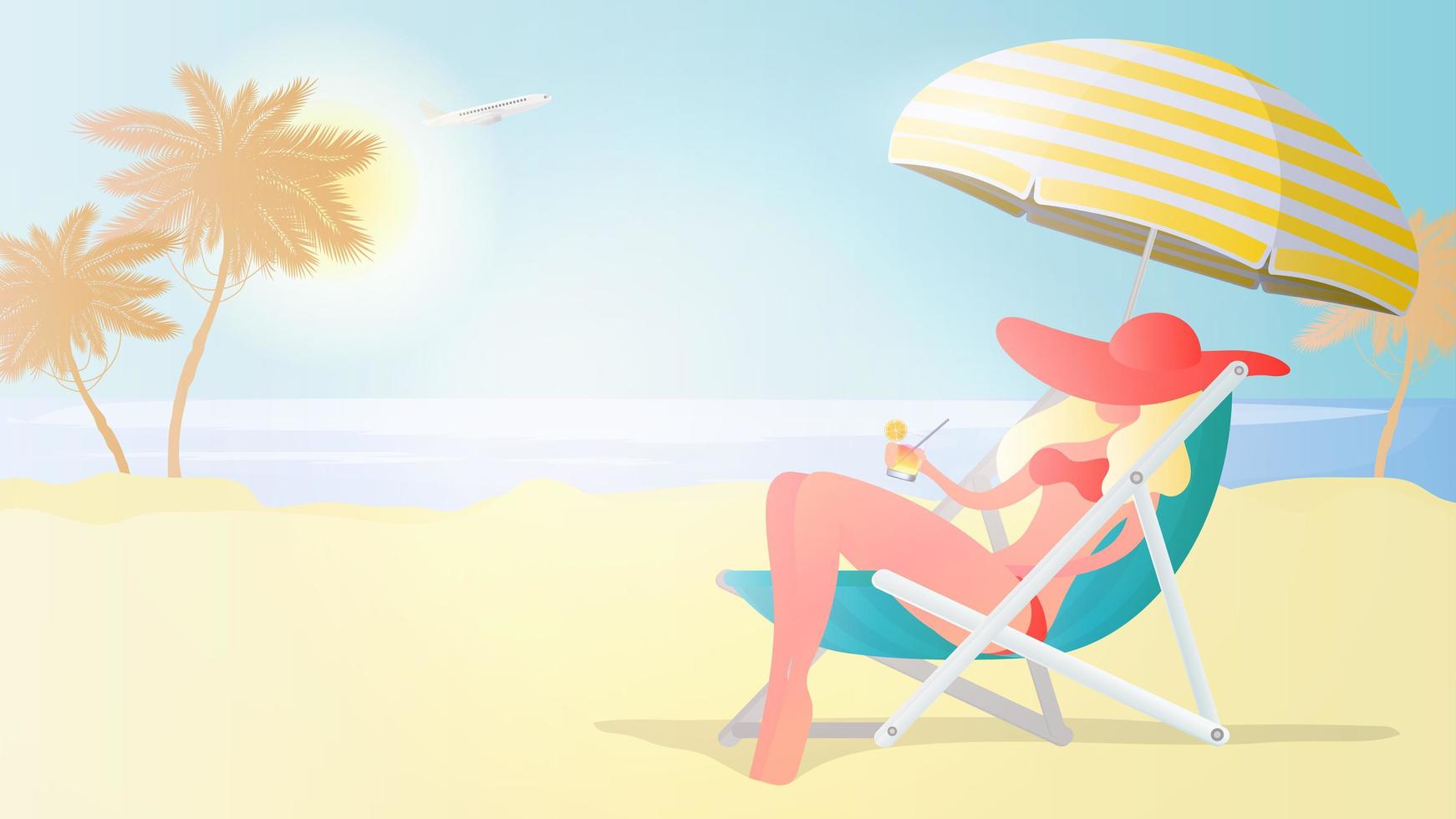 fille en maillot de bain se reposant sur la plage. fille sur une chaise de plage avec un cocktail dans ses mains. plage, palmiers, cocktail, transat, parasol. illustration vectorielle vecteur