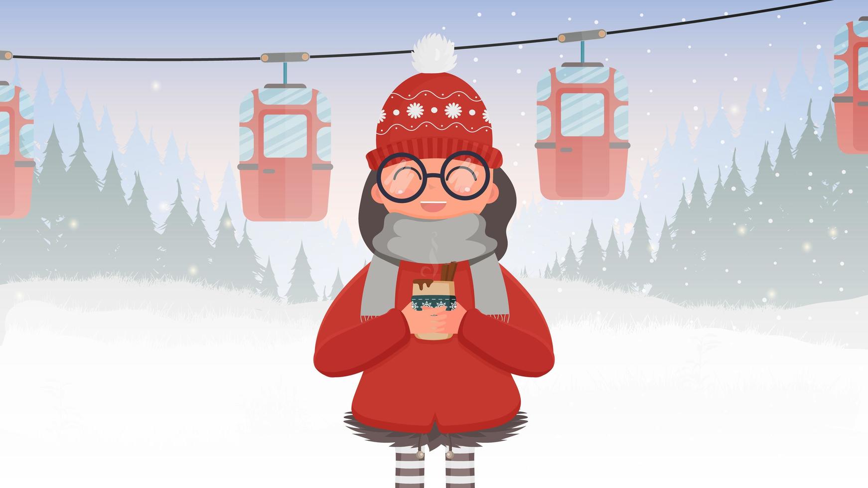 une fille en vêtements rouges tient une boisson chaude. téléphérique avec remorques dans la forêt d'hiver. voiture funiculaire. la forêt est avec des cerfs et de la neige. style de bande dessinée. illustration vectorielle. vecteur