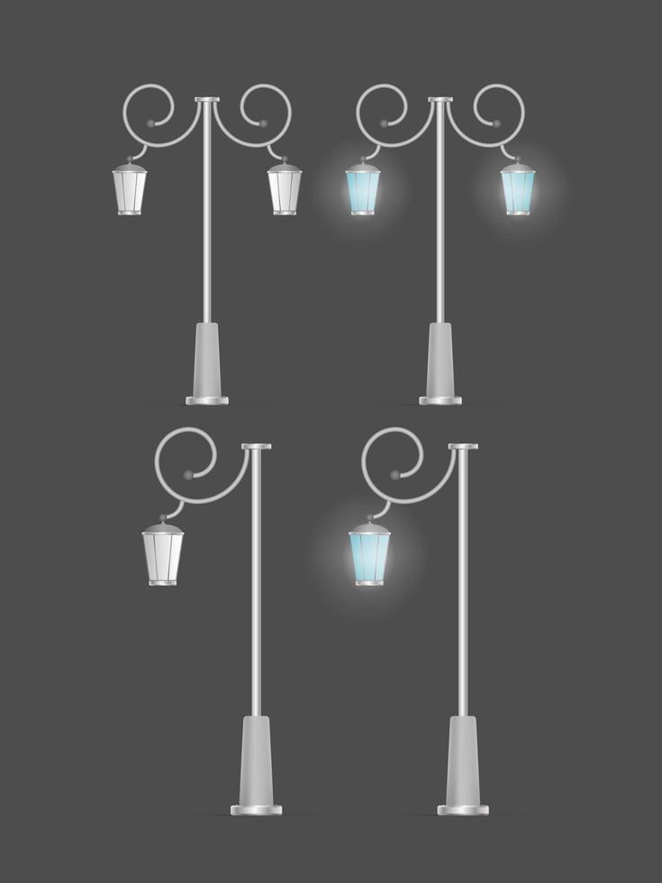 un ensemble de lanternes métalliques qui brillent. lampadaire avec lumière réaliste. vecteur. vecteur