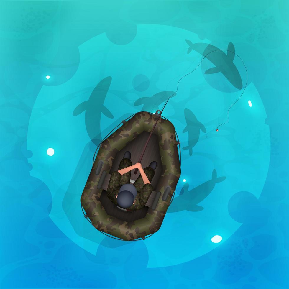 pêcheur dans un canot pneumatique. poisson dans la vue de dessus de l'eau. océan, rivière ou lac aux eaux bleues claires. bannière carrée. illustration vectorielle. vecteur