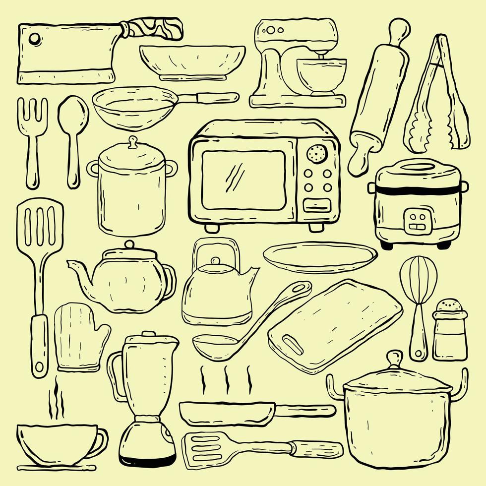 doodle d'ustensiles de cuisine dessinés à la main en noir et blanc, vecteur premium