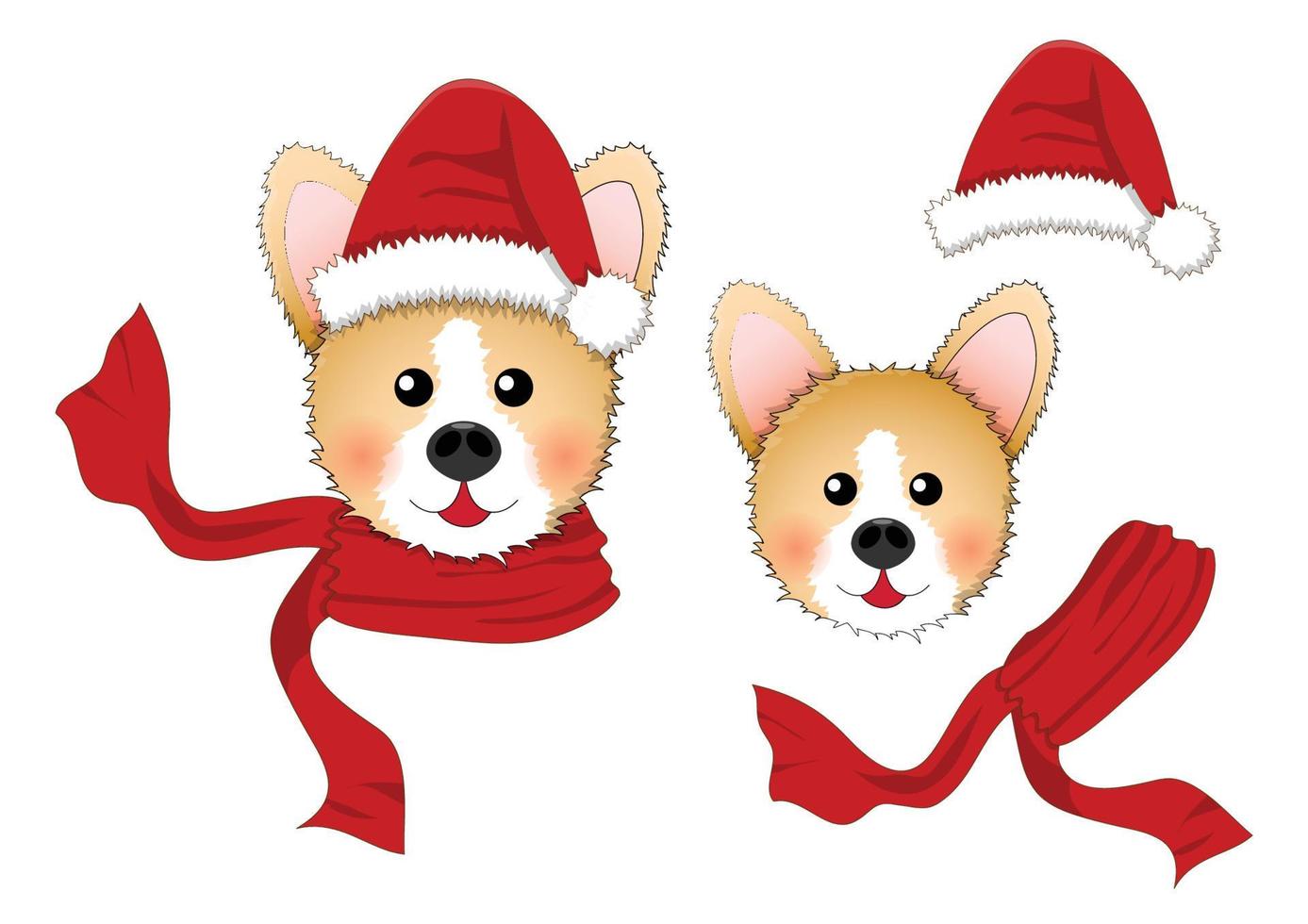 corgi père noël, bonnet de noel, écharpe rouge isolé sur fond blanc. vecteur