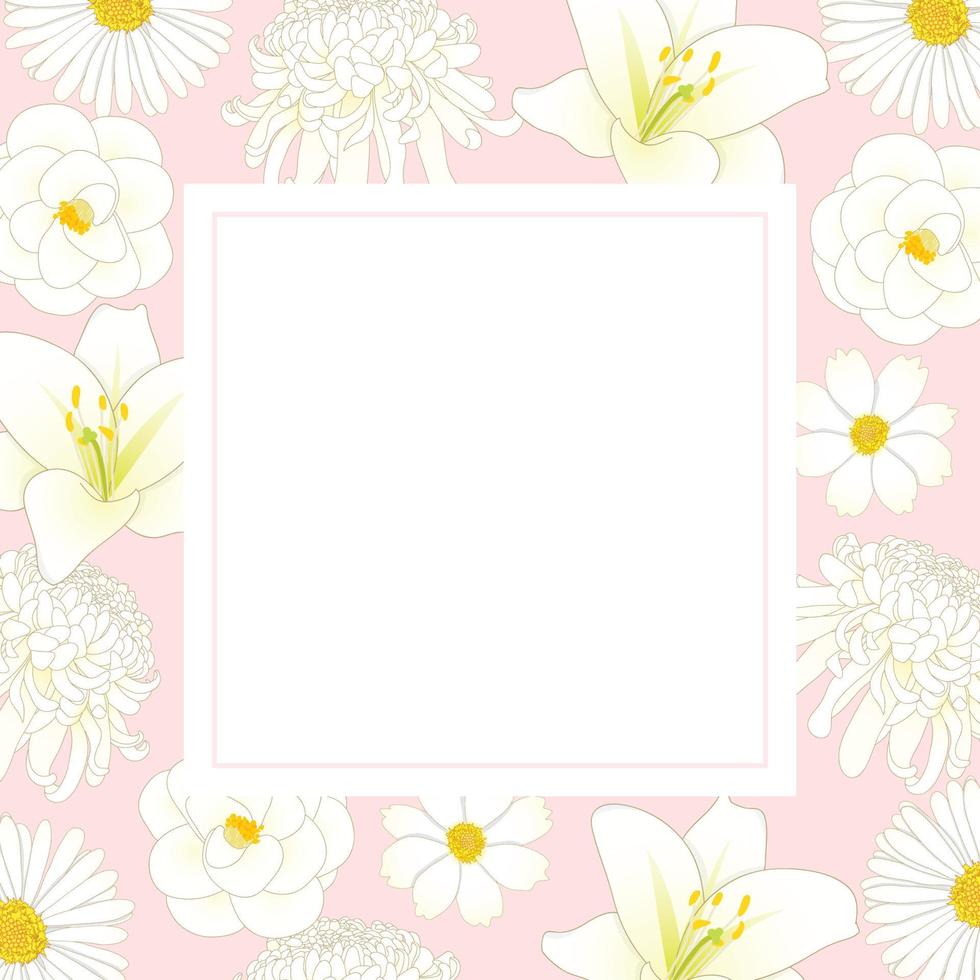 chrysanthème blanc, aster, camélia, cosmos et fleur de lys sur carte bannière rose vecteur