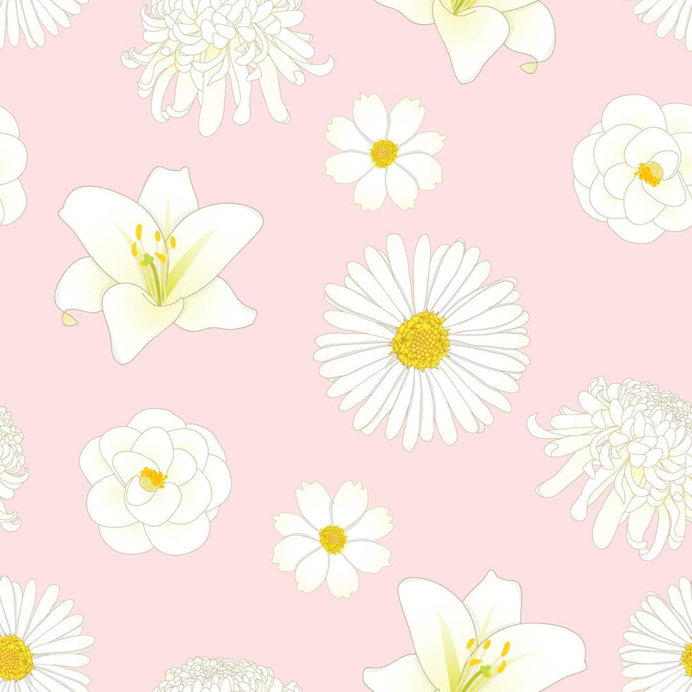chrysanthème blanc, aster, camélia, cosmos et fleur de lys sur fond rose vecteur