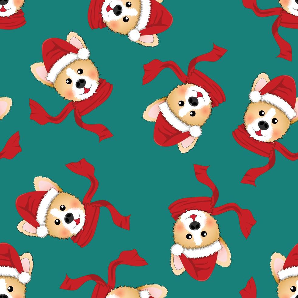 corgi santa claus avec foulard rouge sur fond vert vecteur