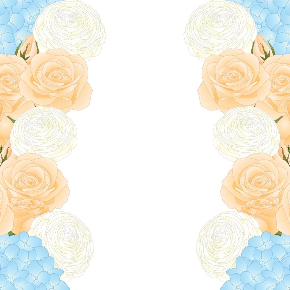 bordure de rose orange, d'hortensia bleu et de renoncule blanche vecteur