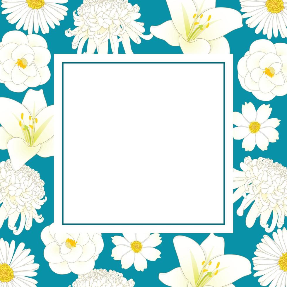 chrysanthème blanc, aster, camélia, cosmos et fleur de lys sur carte bannière bleu indigo vecteur
