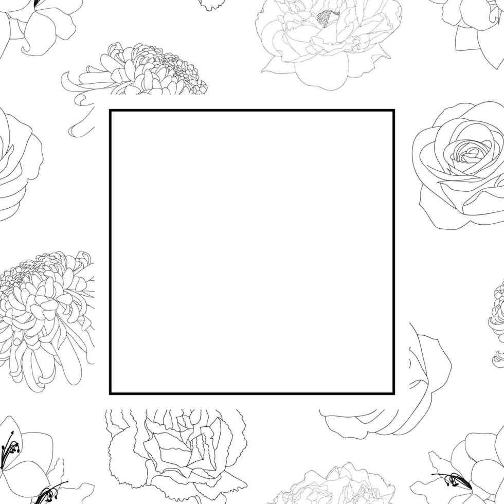 contour de carte de bannière de fleur de rose, de chrysanthème, d'oeillet, de pivoine et d'amaryllis vecteur