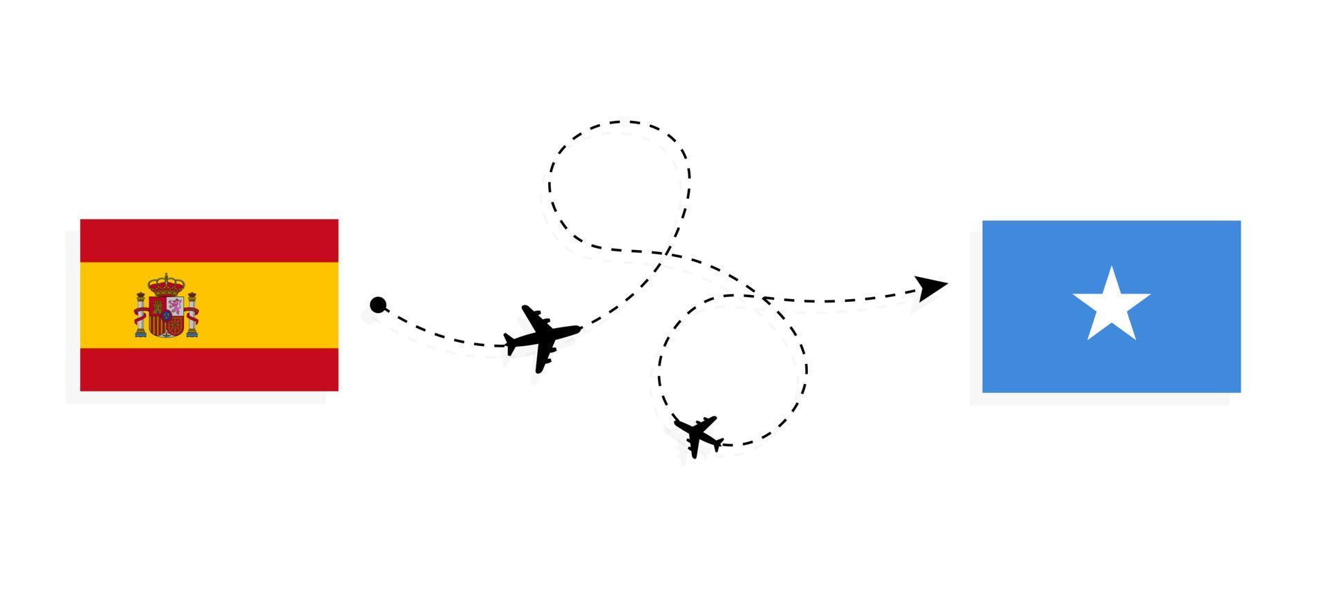 vol et voyage de l'espagne à la somalie par concept de voyage en avion de passagers vecteur