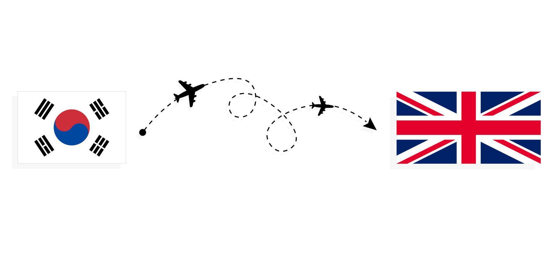 vol et voyage de la corée du sud au royaume-uni de grande-bretagne par concept de voyage en avion de passagers vecteur