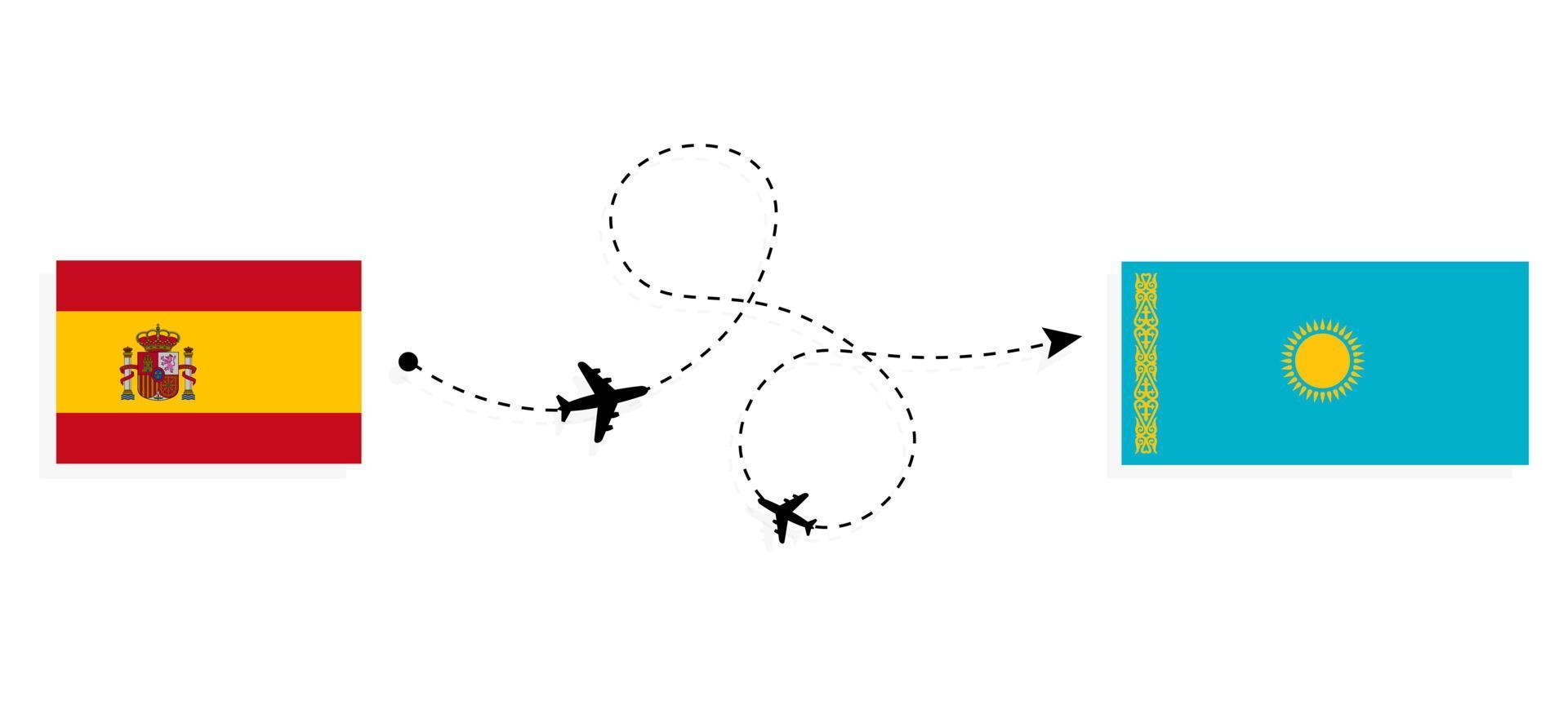 vol et voyage de l'espagne au kazakhstan par concept de voyage en avion de passagers vecteur