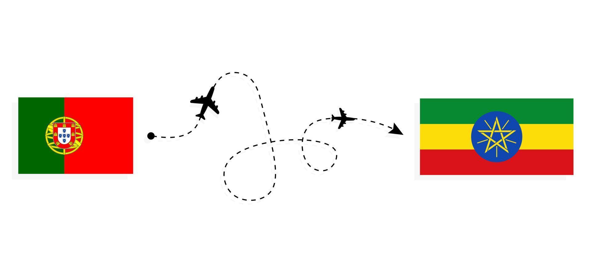 vol et voyage du portugal à l'ethiopie par concept de voyage en avion de passagers vecteur