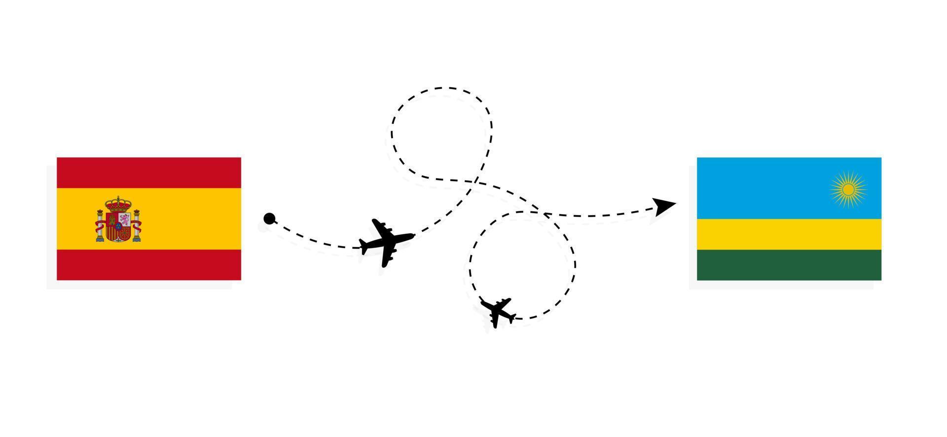 vol et voyage de l'espagne au rwanda par concept de voyage en avion de passagers vecteur