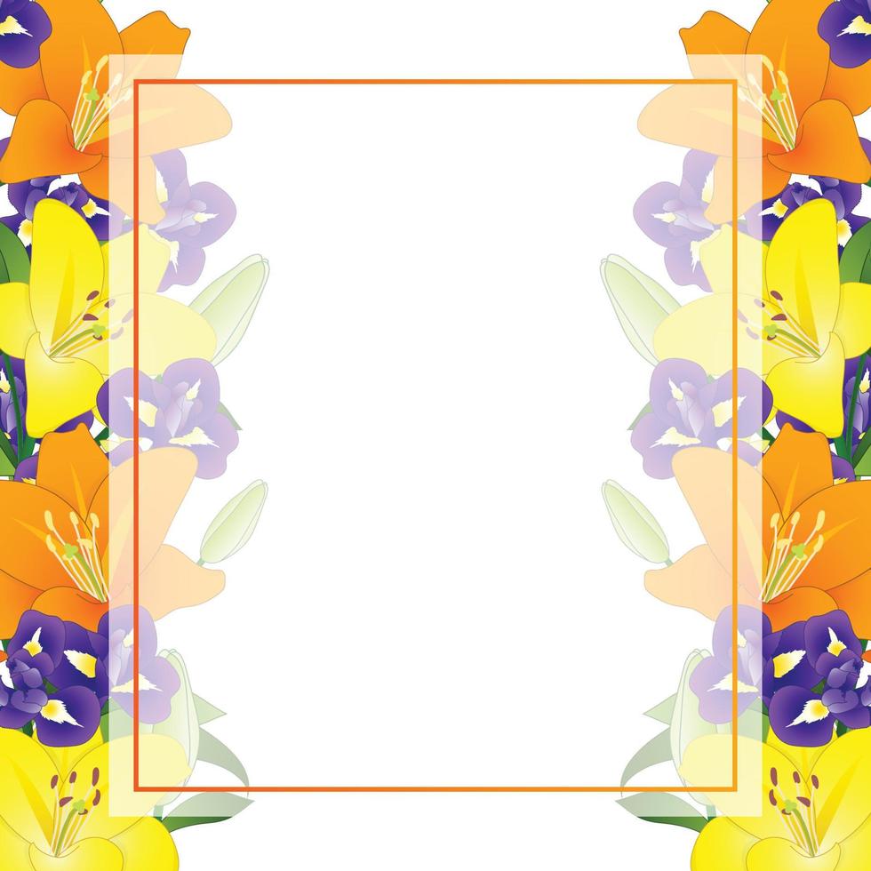bordure de carte de bannière de fleur de lys orange jaune et d'iris bleu vecteur