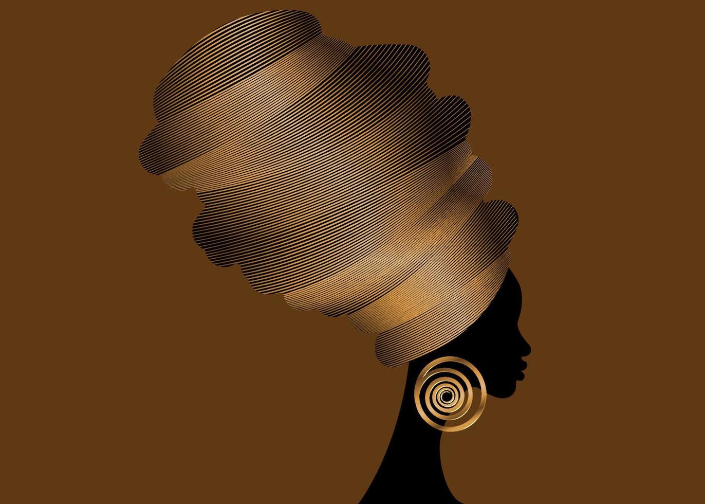 portrait belle femme africaine dans un turban traditionnel fait à la main tribal africain kente avec boucles d'oreilles ethniques en or, cheveux bouclés afro de femmes noires, silhouette vectorielle isolée sur fond marron vecteur