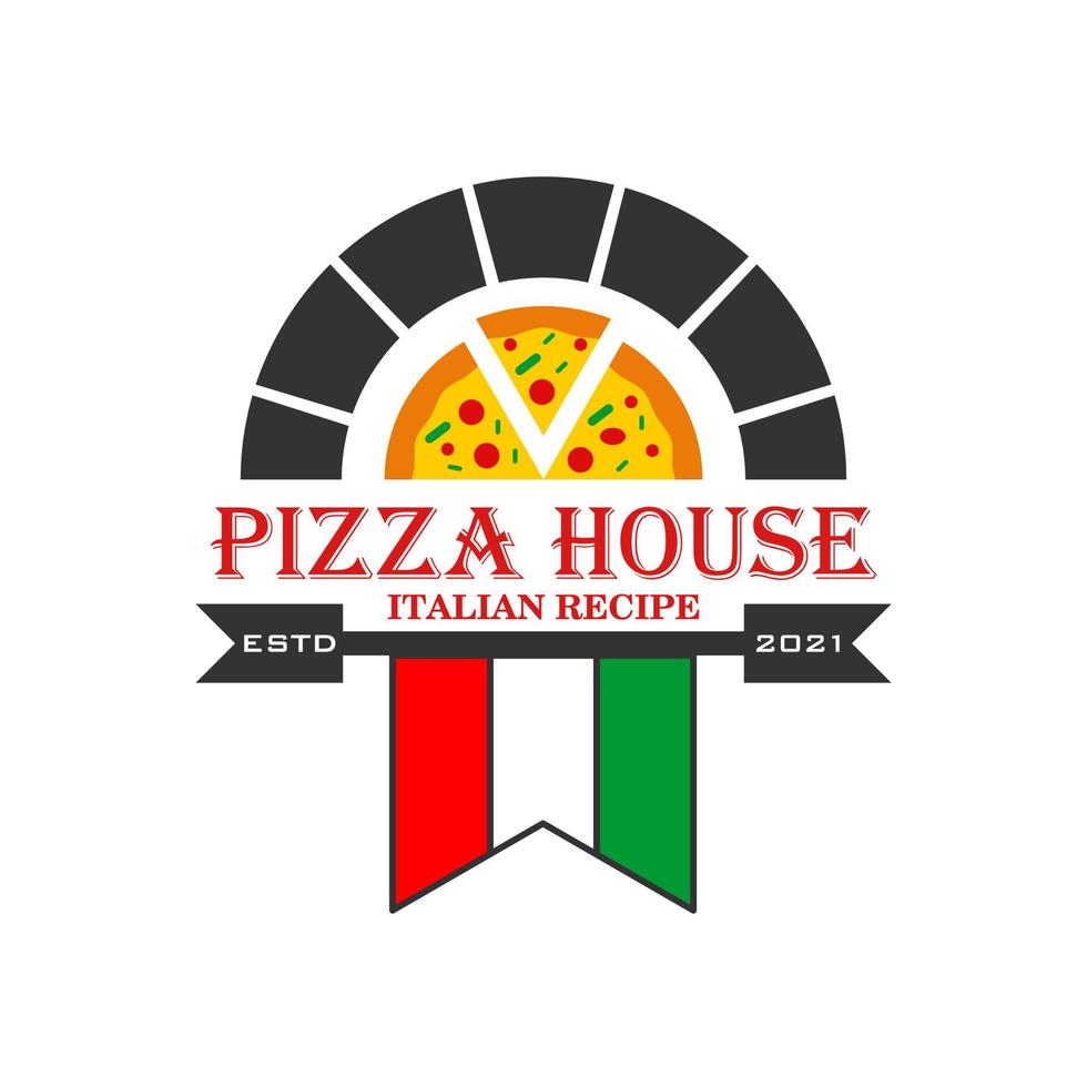 logo de la pizzeria. concept de conception de logo de maison de pizza italienne. pizzeria avec four. vecteur