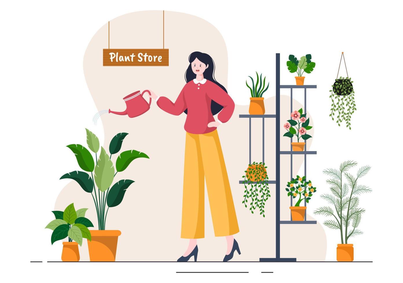 magasin de fleurs et magasin de plantes avec soin des fleuristes, produits naturels biologiques pour la décoration verte du jardin à la maison en illustration vectorielle de fond plat vecteur