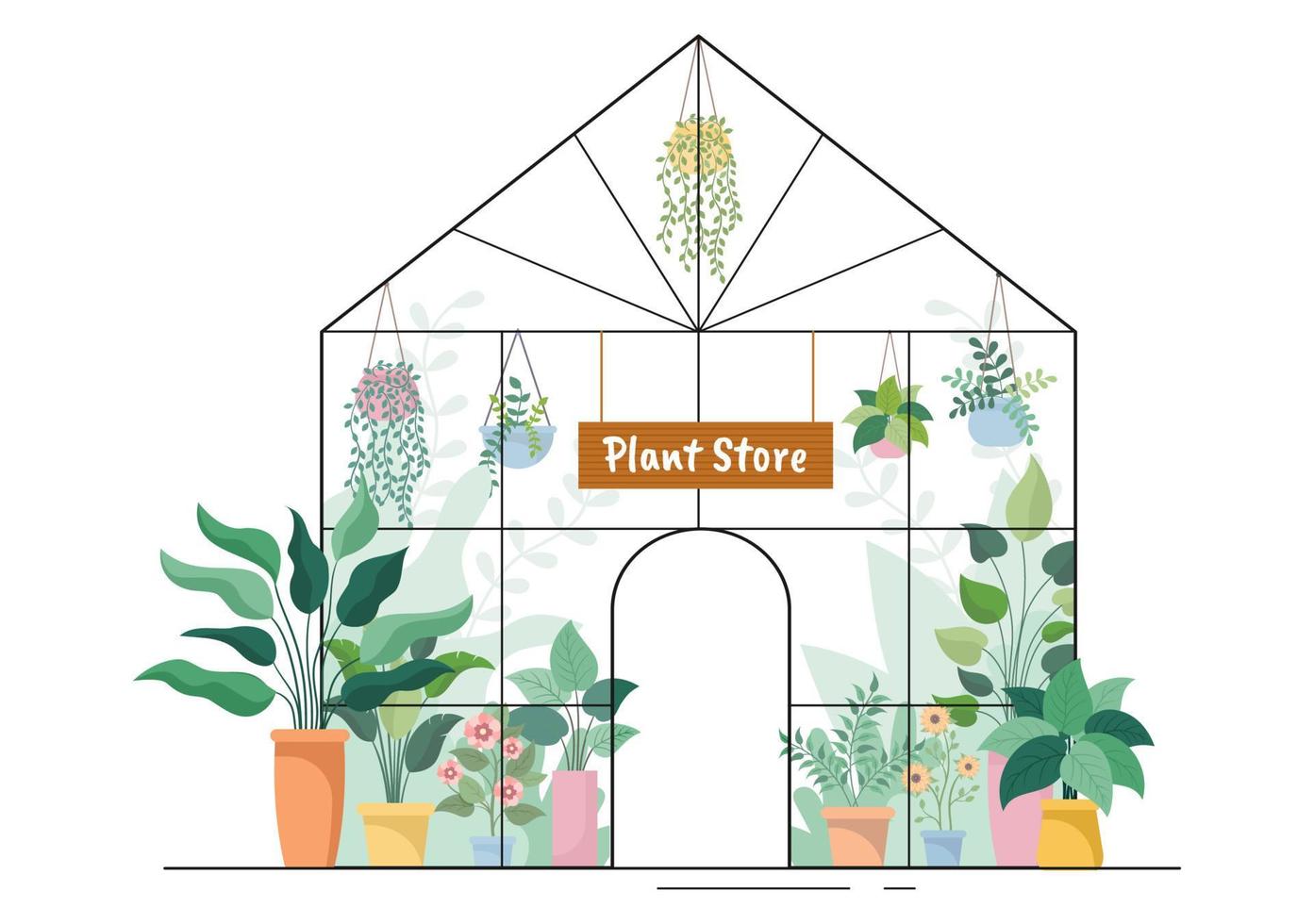 magasin de fleurs et magasin de plantes avec soin des fleuristes, produits naturels biologiques pour la décoration verte du jardin à la maison en illustration vectorielle de fond plat vecteur