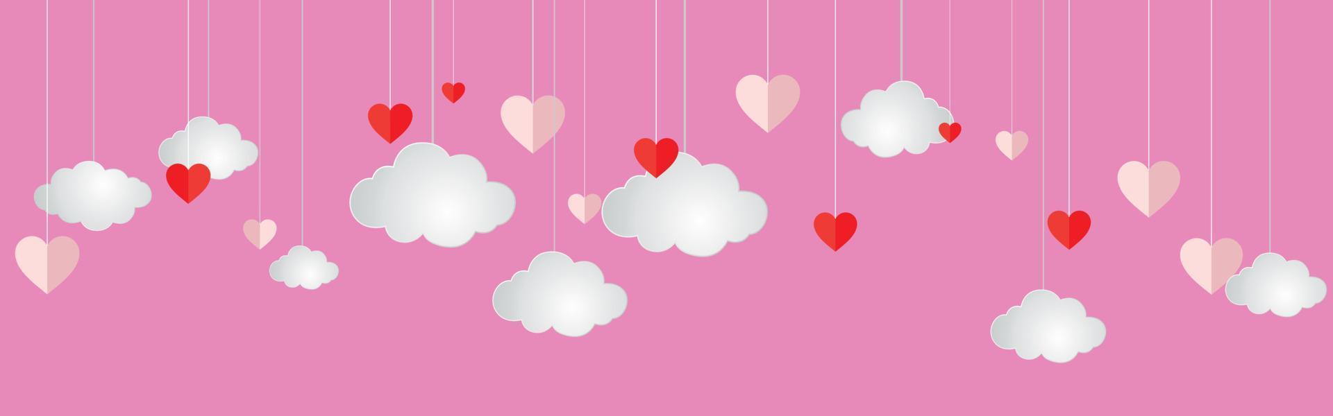 l'arrière-plan de la saint-valentin en papier découpé, des nuages et des coeurs pendent des bannières du plafond en rose vecteur