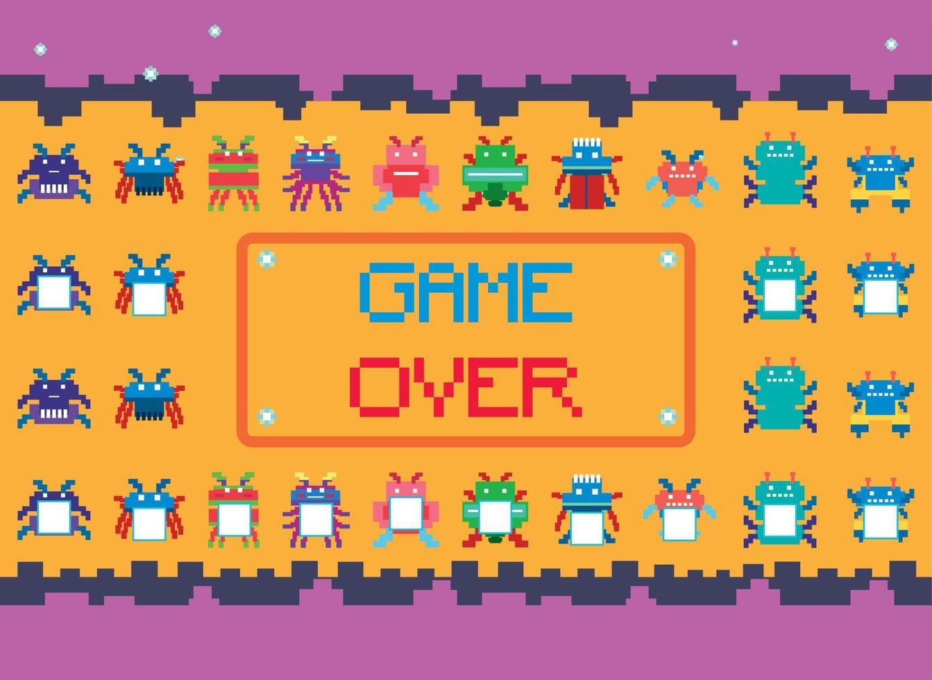 interface de jeu de l'espace de pixels avec bouton game over vecteur